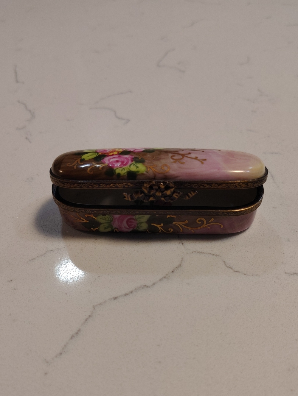 Limoges Hand-Painted Floral Enamel Trinket Box - Pink & Gold